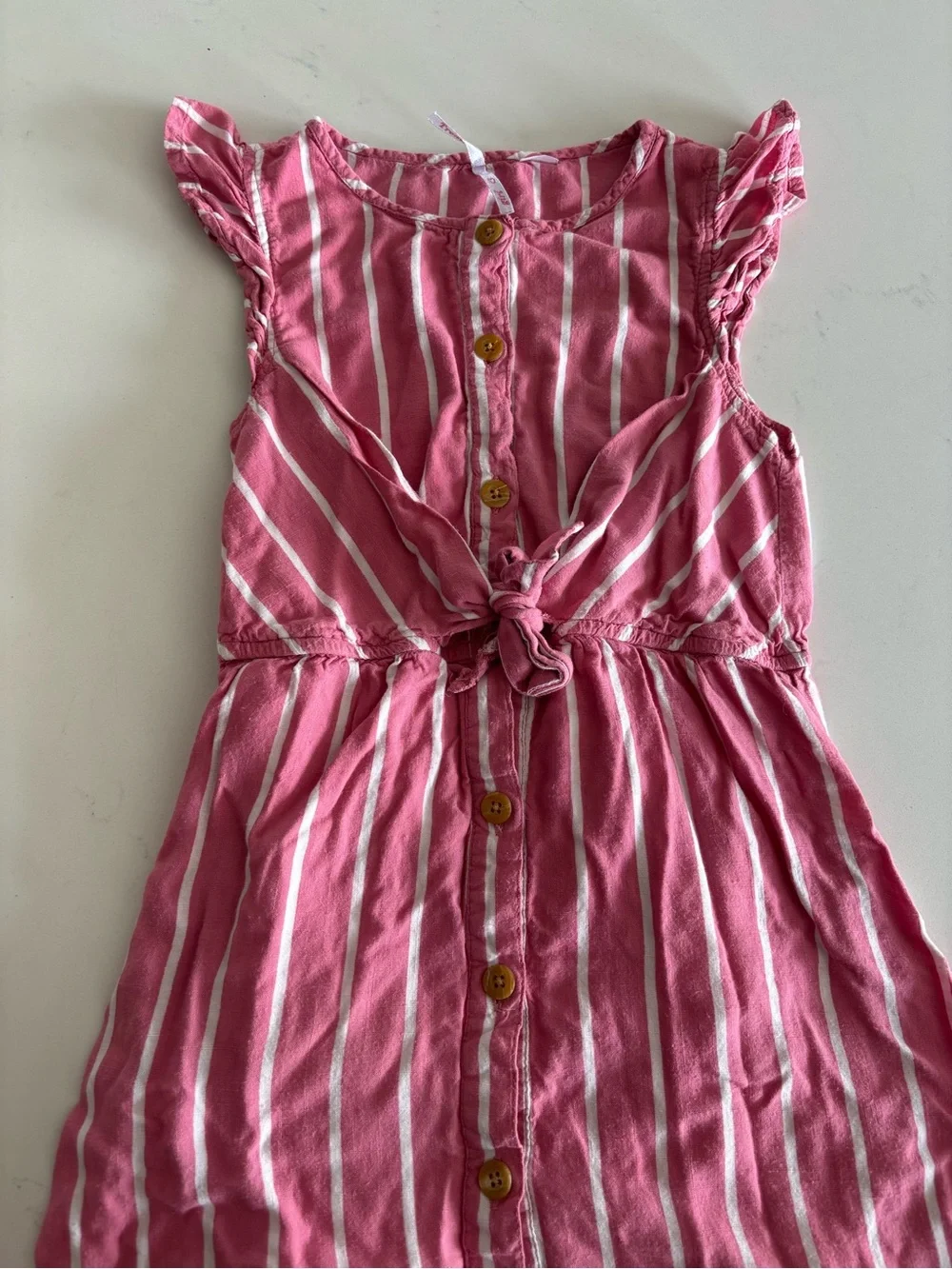 Girls Pink Striped Button-Front Tie-Waist Dress